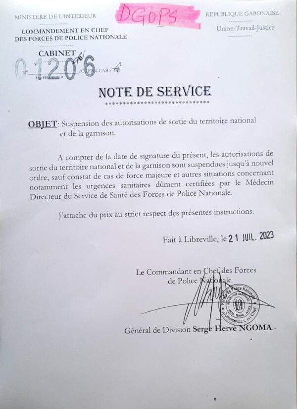 Gabon : Le commandant en chef des FPN interdit la sortie du pays aux fonctionnaires de la police